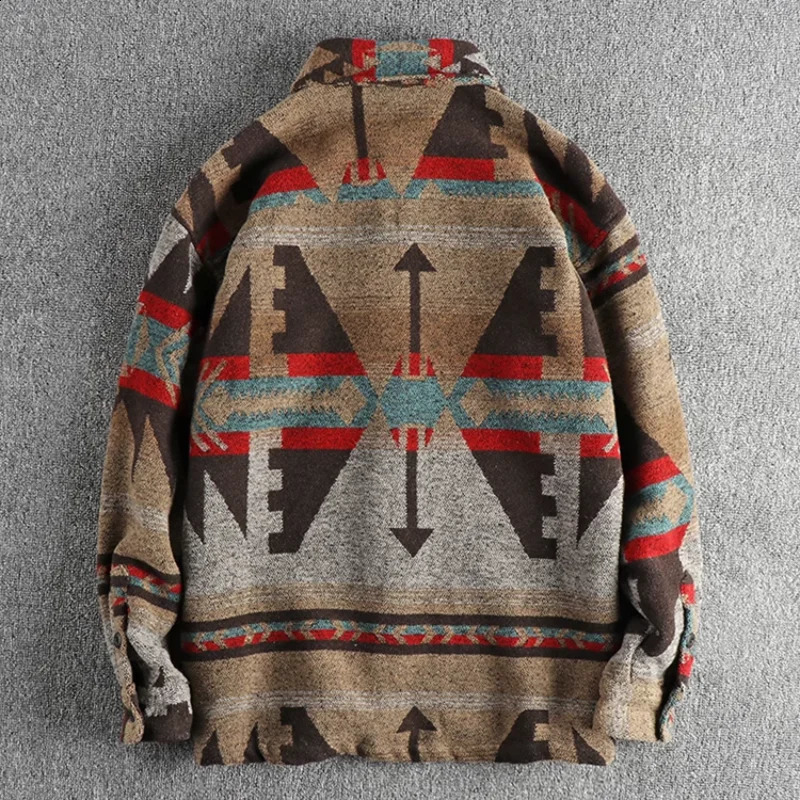Heavy duty retro tribal pattern wool fabric long sleeved shirt mens autumn and winter thick warm American casual jacket 240829