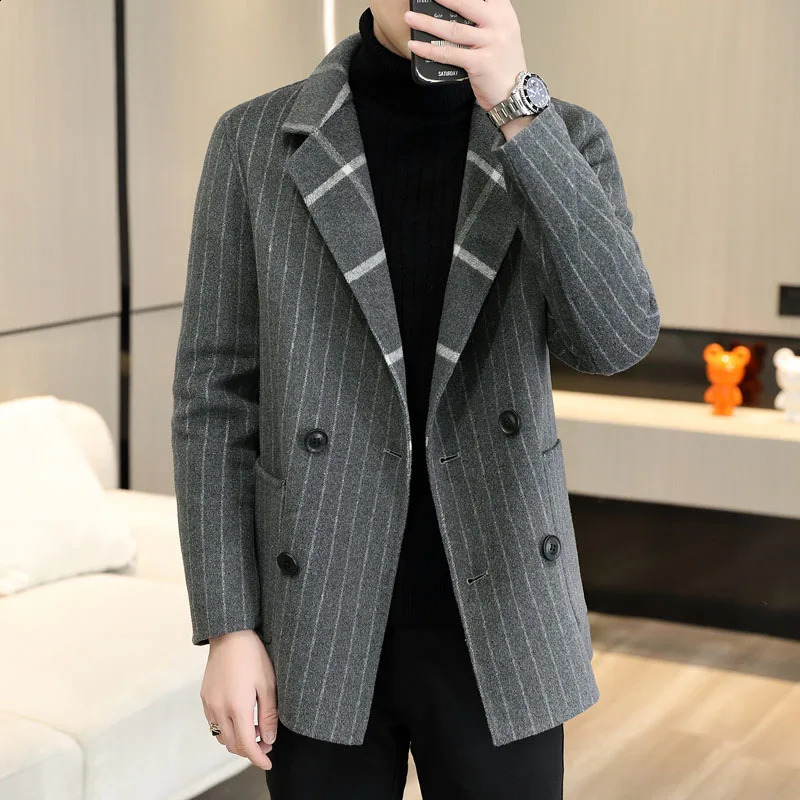 Double sided striped plain weave mens autumn and winter fashionable and handsome double-layer suit collar short wool coat 240829
