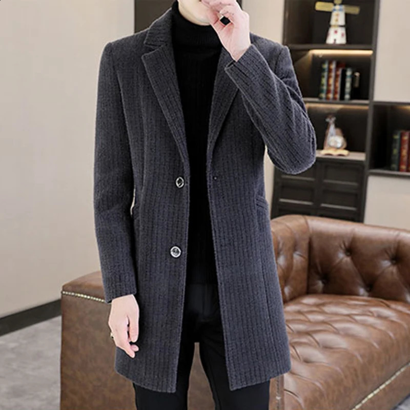 Mens mid length solid striped wool coat autumn and winter casual warm windproof jacket loose thick top 240829
