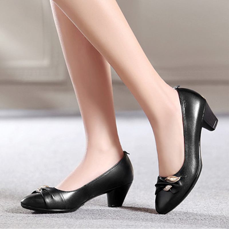 High Women Heels Pumps Fashion Party Round Toe leather spring fall Shoes Classic black for office lady New tenis feminino 97ca