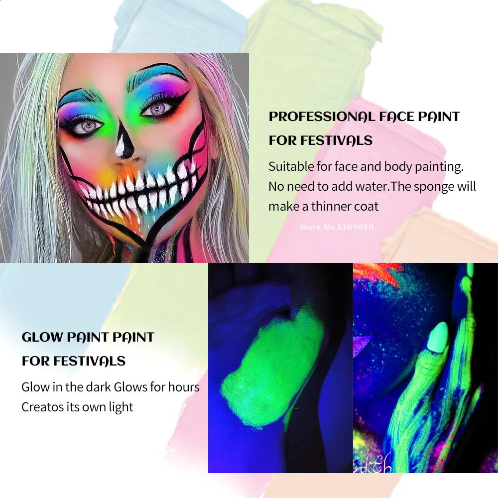 Halloween painting stick waterproof UV light neon light green purple pink black and white painting party art makeup 240829