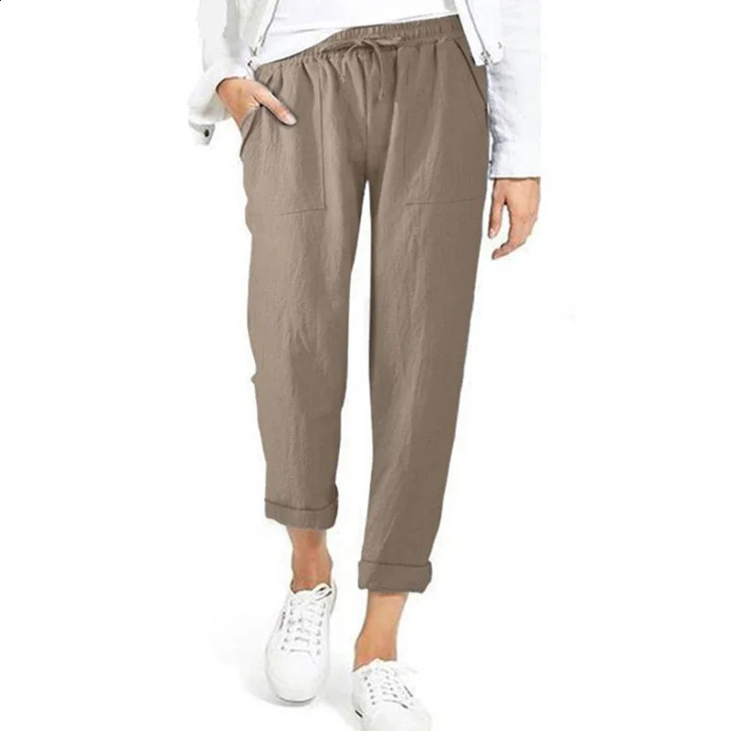 Lucyever Casual Cotton Linen Pants Women Spring Summer High Waist Elastic Ankle-Length Pants Female Solid Pockets Harem Trousers 240829