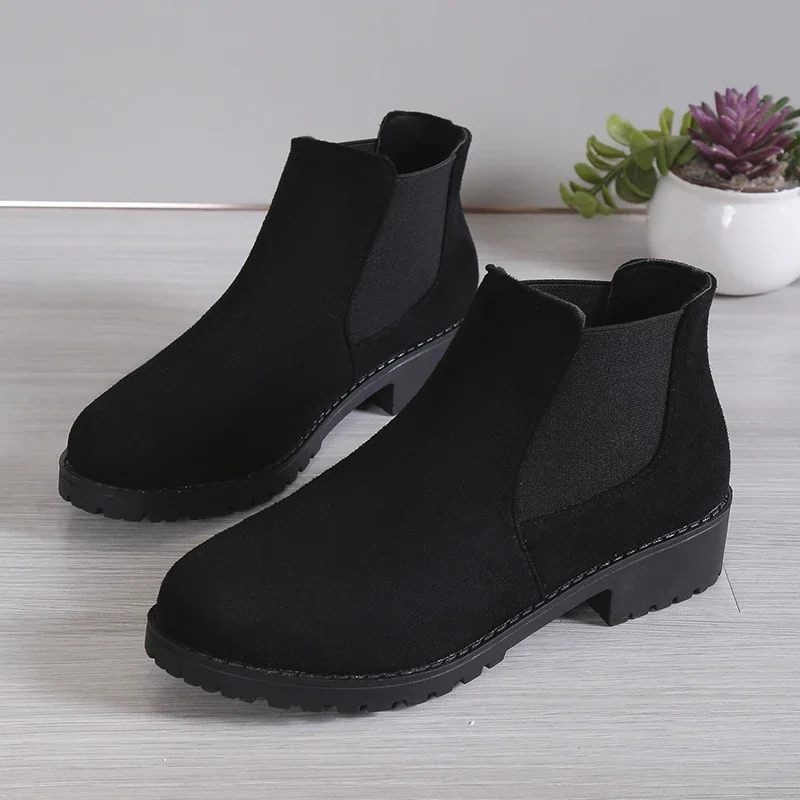 Shoes Women Winter Cow Suede Ankle Chunky Boots Black Female Autumn Fashion Platform Booties Beige 49a2