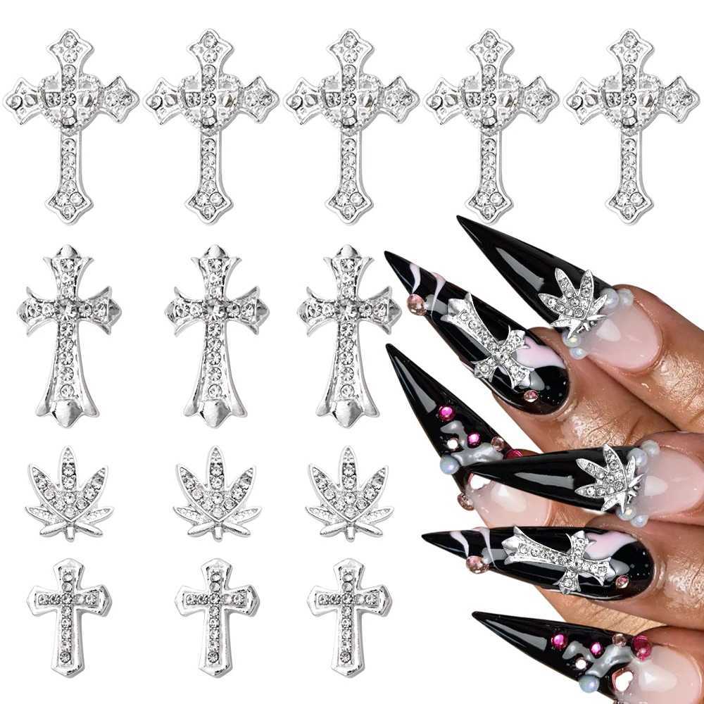 10 Luxury Silver Cross Nail Art Charm Jewelry Retro Alloy Rhinestone Flash 3D Nail Art DIY Punk Ergonomic Accessories W240829