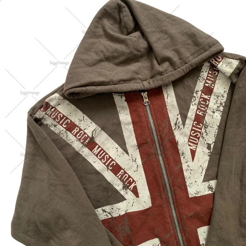 Y2K European and American Hip Hop Letter British Clothing Hoodie Gothic Harajuku Street Zipper Hoodie Casual Loose Sweater 240829