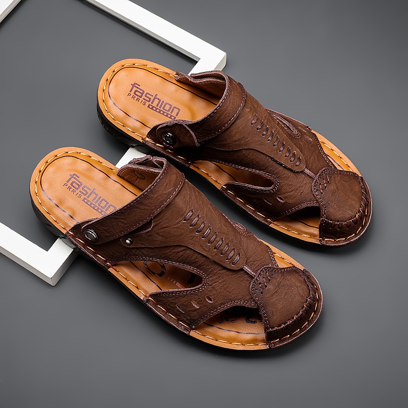 Men Shoes Flats Slip on Leather Sandals Men Fashion Non-slip Slippers Outdoor Sandy Beach Men Sandals Breathable High Quality