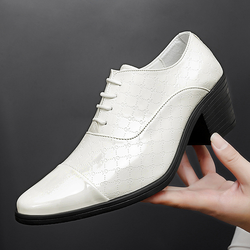 New Men Formal Shoes High Heels Oxfords Soft Mocassins Male Flower Red Height Increase White Dress Driving Wedding Boat Shoes