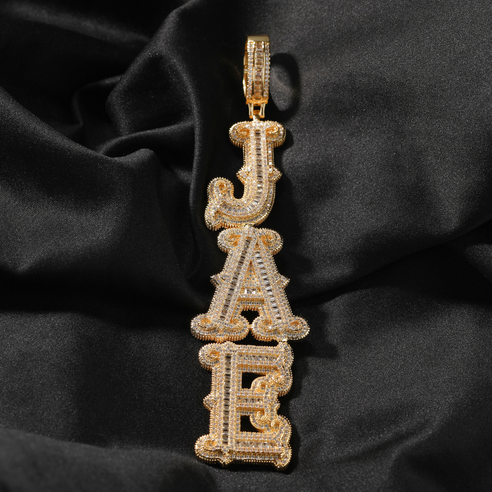 Hip Hop Custom Vertical Name Letters A-Z Numbers 0-9 Pendant Necklace 5A Zircons Real Gold Plated Jewelry