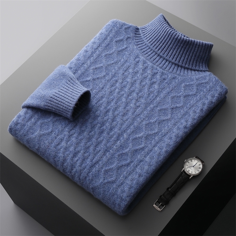 Mens 100% wool and cashmere sweater for autumn and winter turtle neck knit zipper thick plus size bottom fashionable and warm top 240829