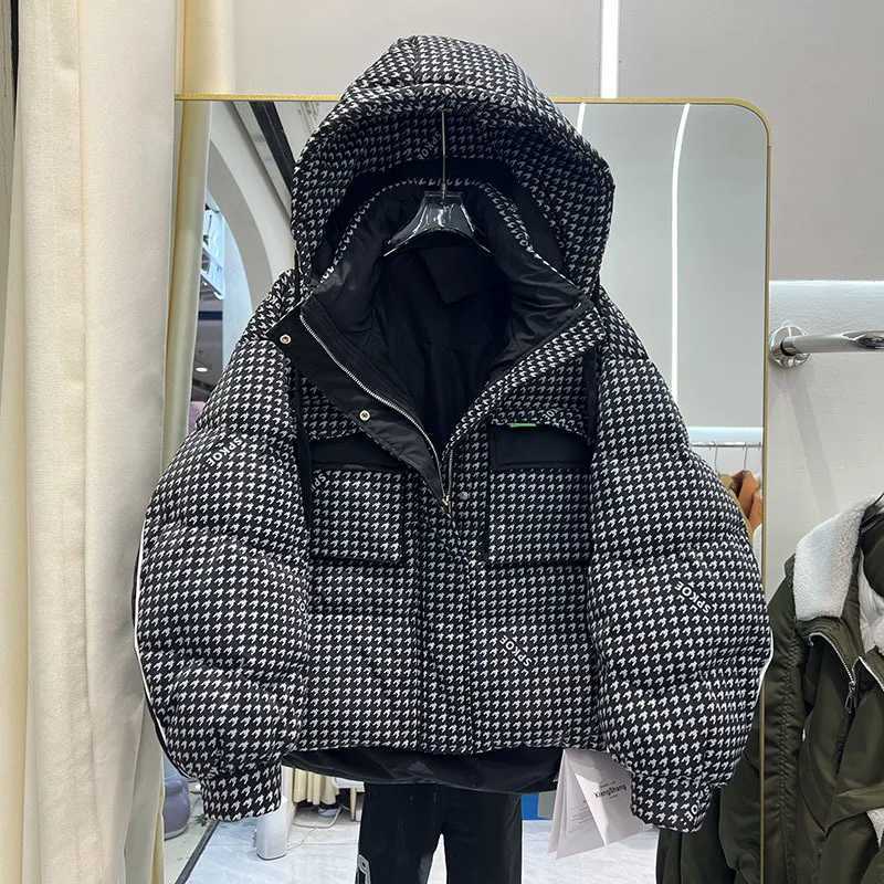 Women's Down Parkas Houndstooth Short Puffer Down Jacket Womens Winter 90% Duck Down Coat Hooded Female Feather Parka Y240824YGGD