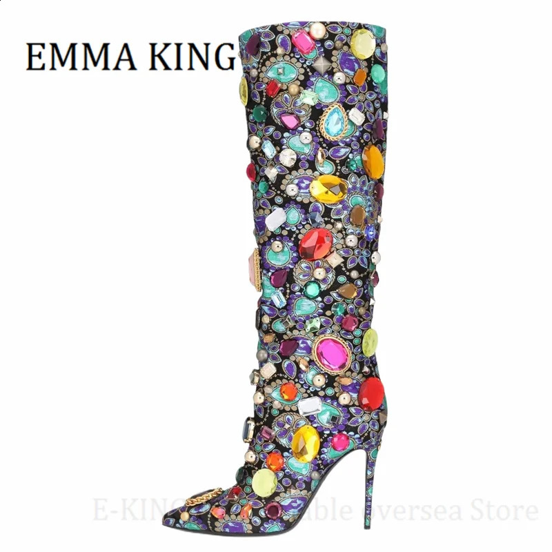 Women Gemstoneembellished Kneeheight Boots Sexy Pointed Toe Stiletto Heel New Botines Mujer Ladies Runway Party Shoes 240828