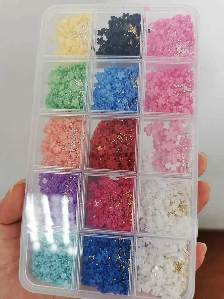 24 Grid 3D Color Acrylic Flower Nail Art Rhinestone Set Mixed Caviar Beads Cherry Blossom Spring Gemstone Acrylic Petal Nail Charm W240829