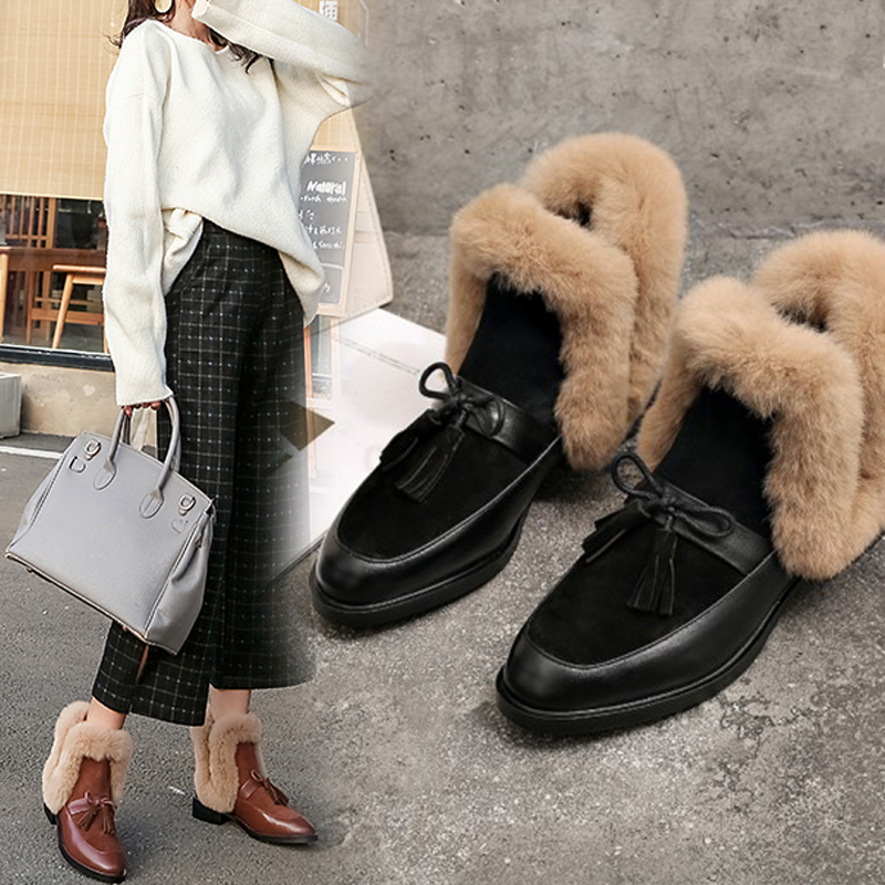 winter 2020 ankle round toe low heel short plush warm women boots bowknot genuine leather women's shoes d4c1 's
