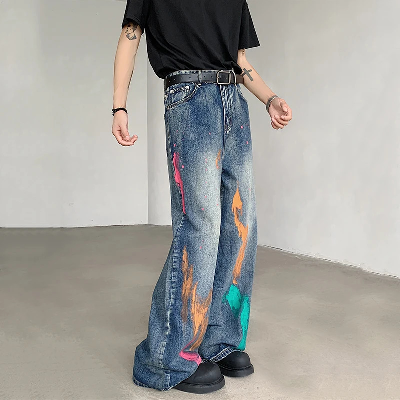 FEWQ Mens Denim Pants High Street Loose Brush Painting Contrast Color Straight Wide Leg Casual Male Jeans Autumn Trend 9C6994 240826Z
