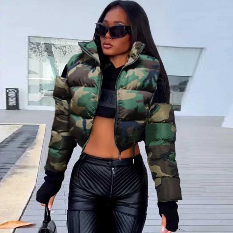 Womens Down Parkas Fashionable womens zipper camouflage inflatable jacket hollow Slve camouflage bubble jacket stand up collar series waist park dow Y