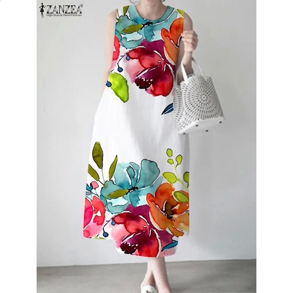 Saiqigui Summer Dress Plus Size Short Sleeve White Women Casual Cotton Linen Lotus Printing O-Neck Vestidos de Festa 210623