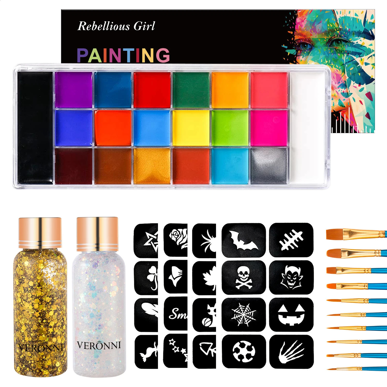 body paint palette oil makeup set with 20 colors SFX Halloween party painting including 10 artist brushes and tattoo template kit 240829