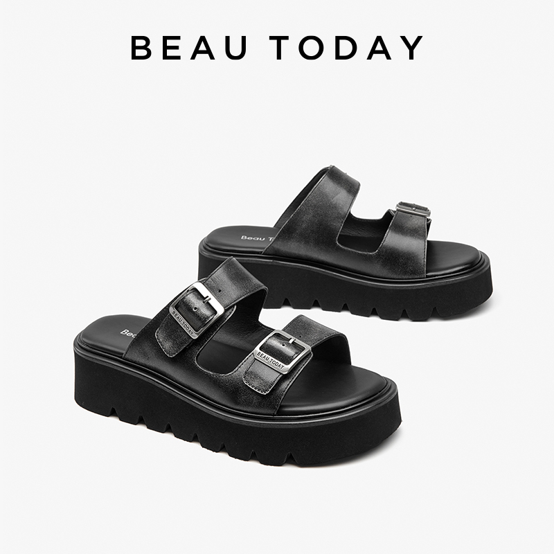 Platform BEAUTODAY Sandals Women Polished Cow Leather Solid Color Thick Sole Metal Strap Summer Ladies Shoes Handmade 38526 9351