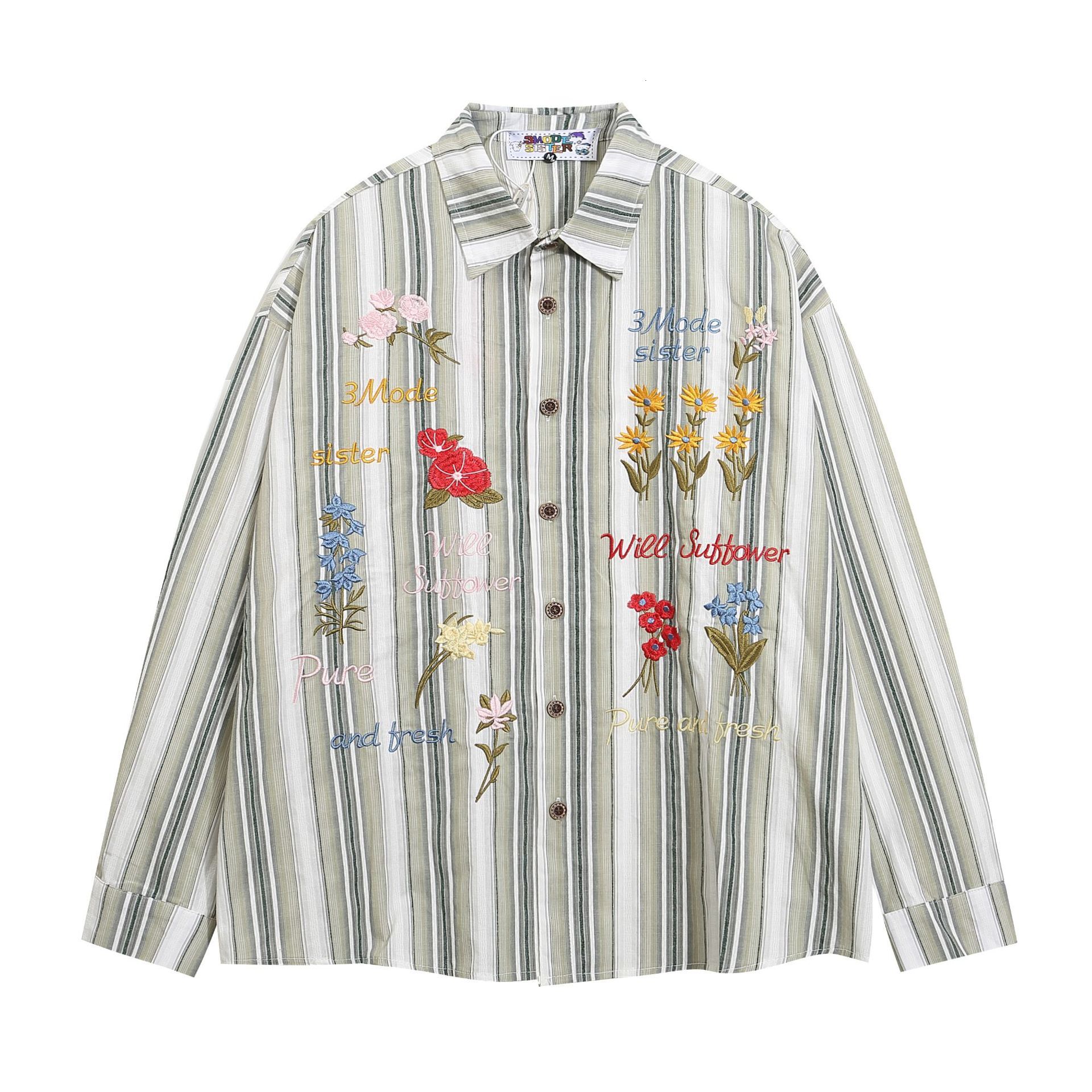 Instagram Trendy Flower Embroidered Striped Shirt New Casual Shirt Vintage