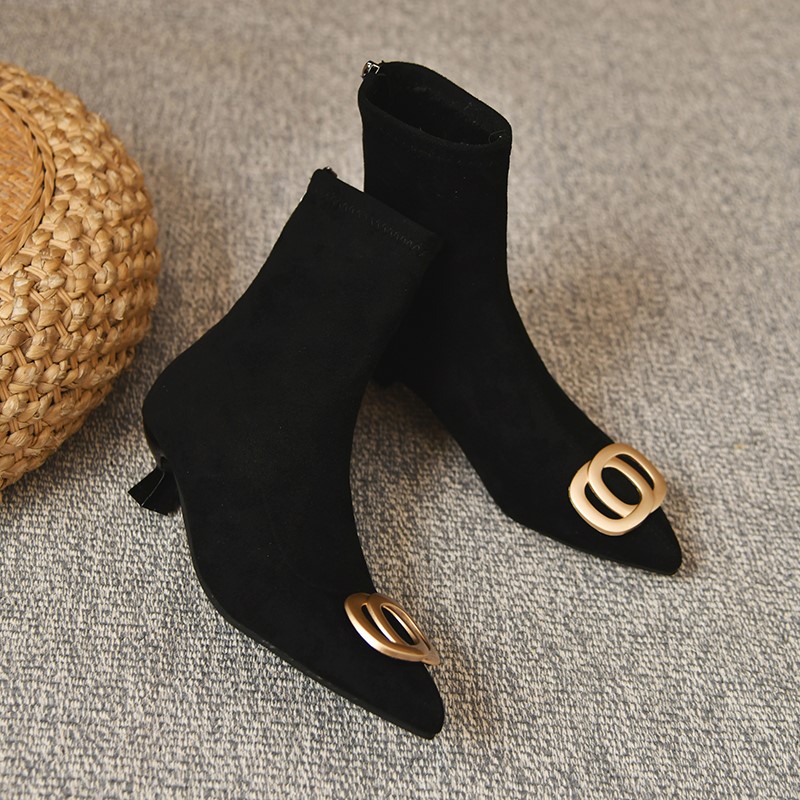 New Women's Ankle Boots Faux Suede Dress Shoes Pointed Toe Black Booties Mid Heels Back Zip Elegant botas mujer Winter 1577N