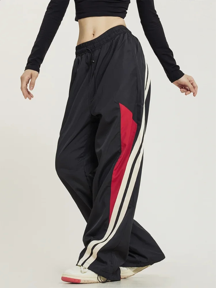 Deeptown wide leg sports pants womens runner bag Y2k retro casual street clothing track black oversized basic 240827