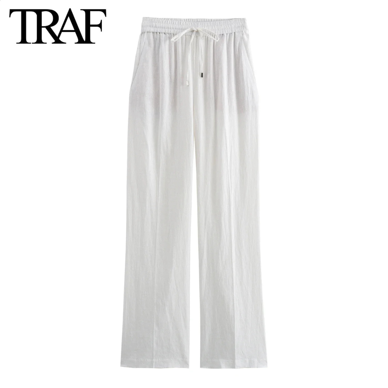 TRAF Women Fashion Spring Summer Lace-up Linen Blended Straight Pants Pocket Office Lady Chic High Waist Trousers Mujer 240829