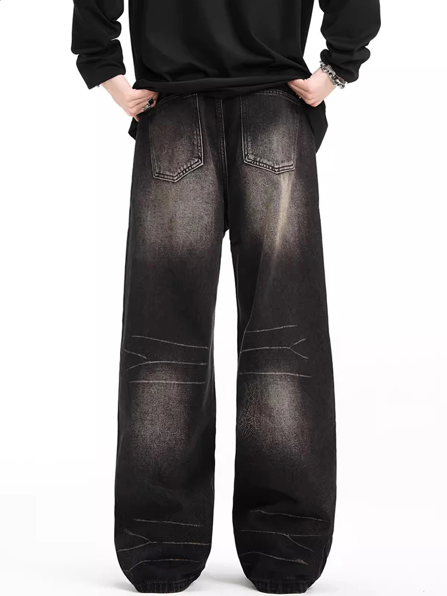 REDDACHiC Vintage Black Brushed Baggy Jeans Men Acubi Fashion Low Waist Whiskers Wash Wide Leg Denim Pants Hiphop Casual Clothes 240826Z