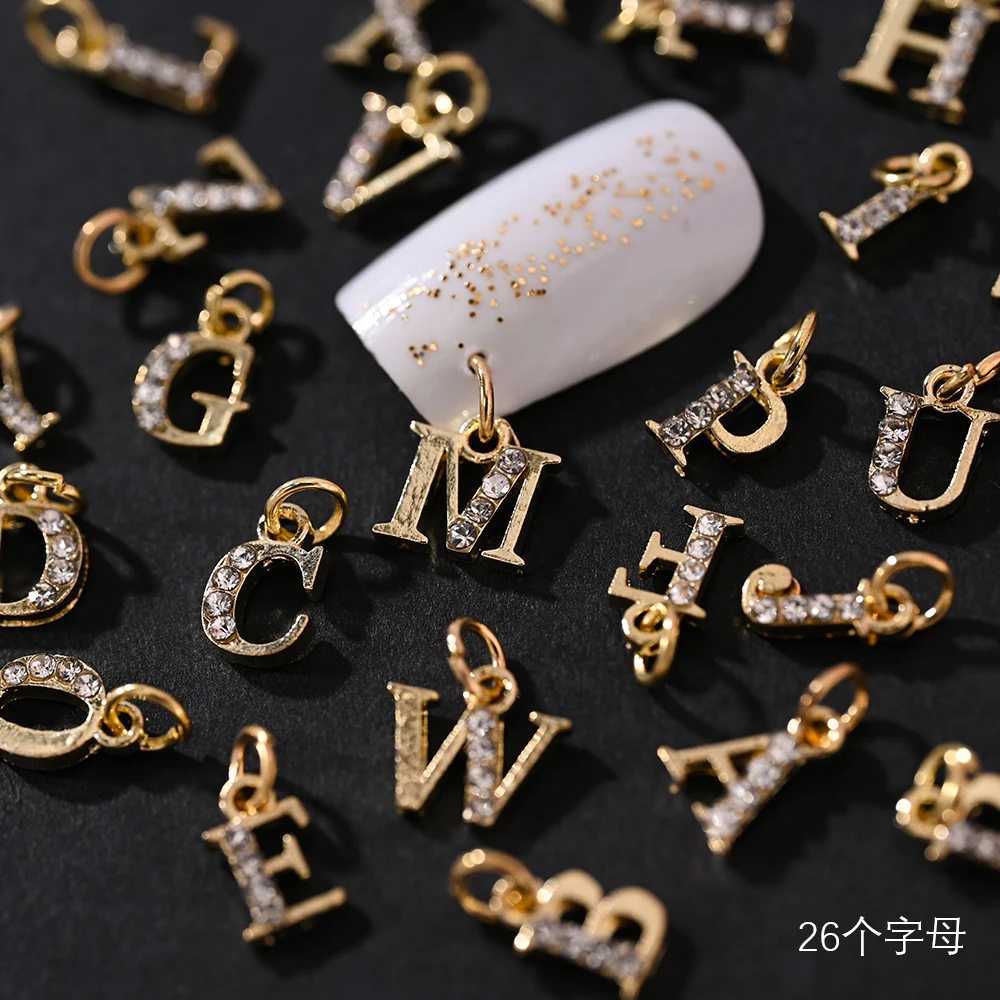 10/26 perforated ring letter 3D nail art charm (0-9)/A-Z pendant letter nail decoration gold/silver digital handmade pendant W240829