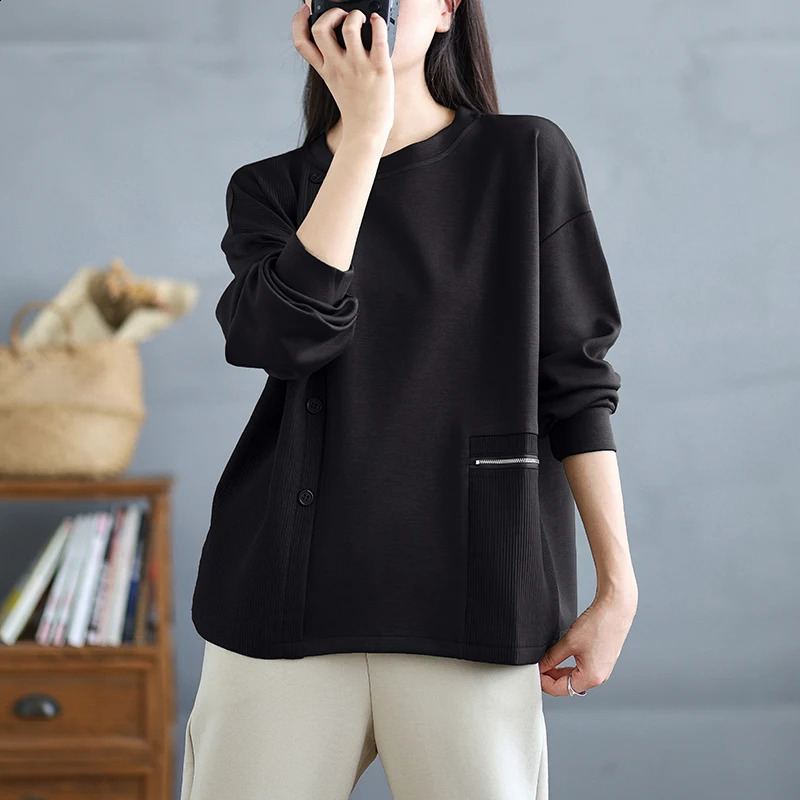 solid color floral loose long sleeved checkered sports shirt for womens autumn straight Oneck streetwear patch work retro top 240827