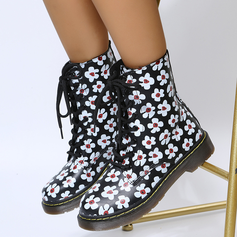 European and American flat bottom flower lace-up Martin boots for women large size printed high top leather boots Leather boots