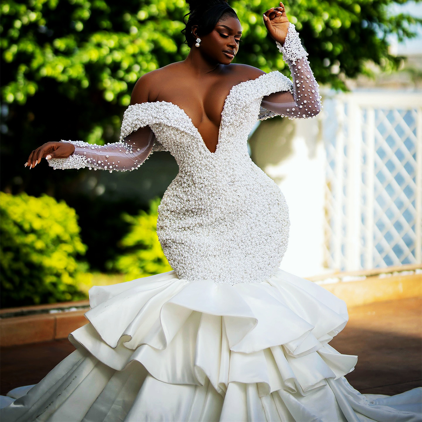 2024 Arabic Aso Ebi Plus Size Ivory Mermaid Wedding Dresses Luxurious Pearls Full Sleeves Bridal Gowns Dress vestidos de novia ZJ510