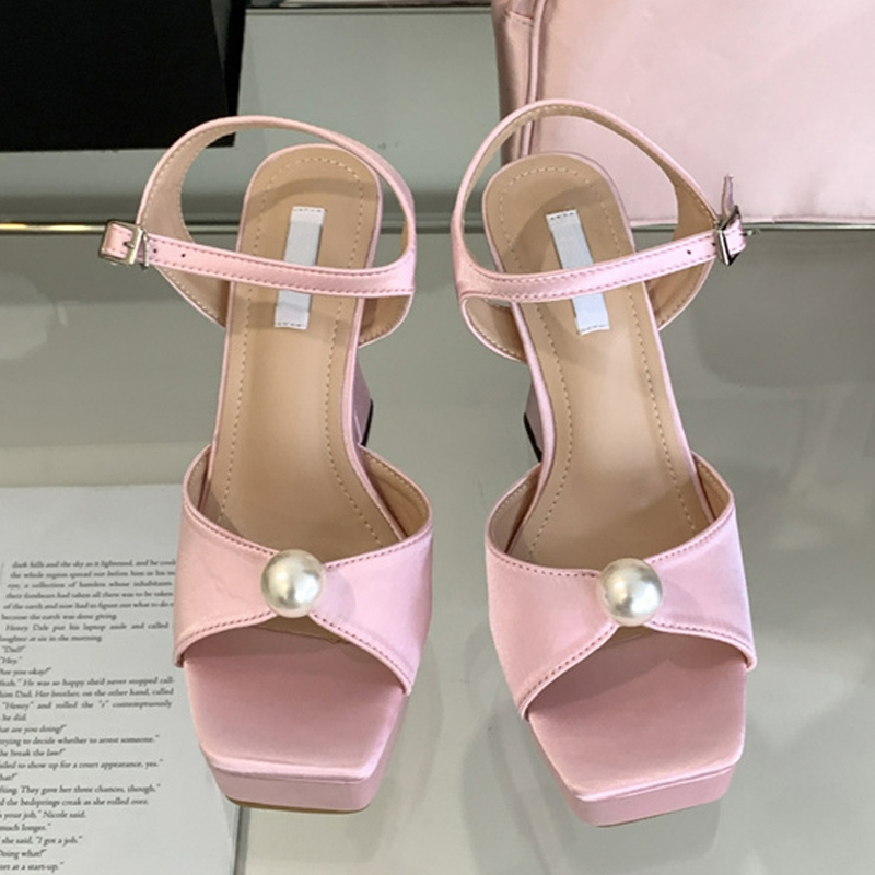 Liyke Brand Fashion White Pink Chunky Platform Sandals Women Pearl Design Square Toe Super High Heels Elegant Party Prom Shoes