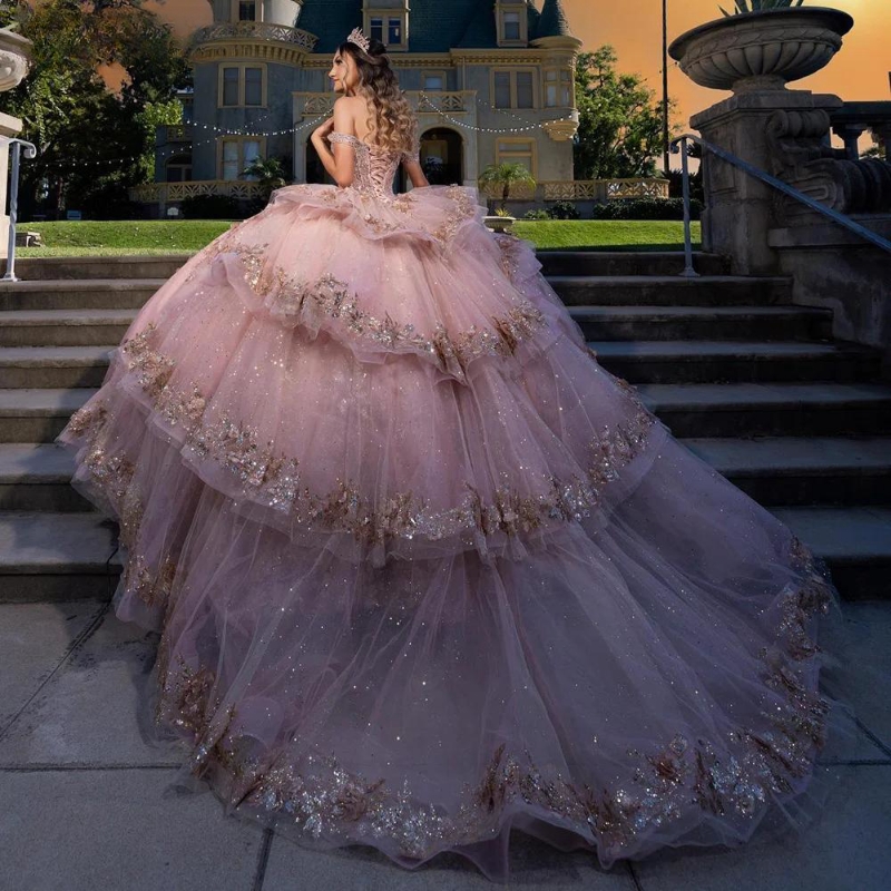 Pink Off The Shoulder 3D wers Ball Gown Quinceanera Dresses Ruffles Sequined Appliques Lace Beads Tull Corset Vestidos De 15 Anos