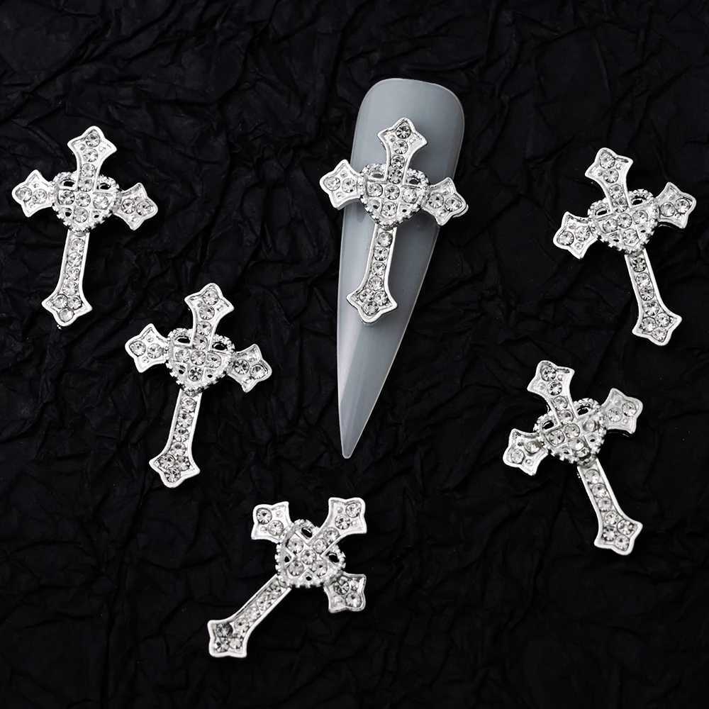 10 Luxury Silver Cross Nail Art Charm Jewelry Retro Alloy Rhinestone Flash 3D Nail Art DIY Punk Ergonomic Accessories W240829