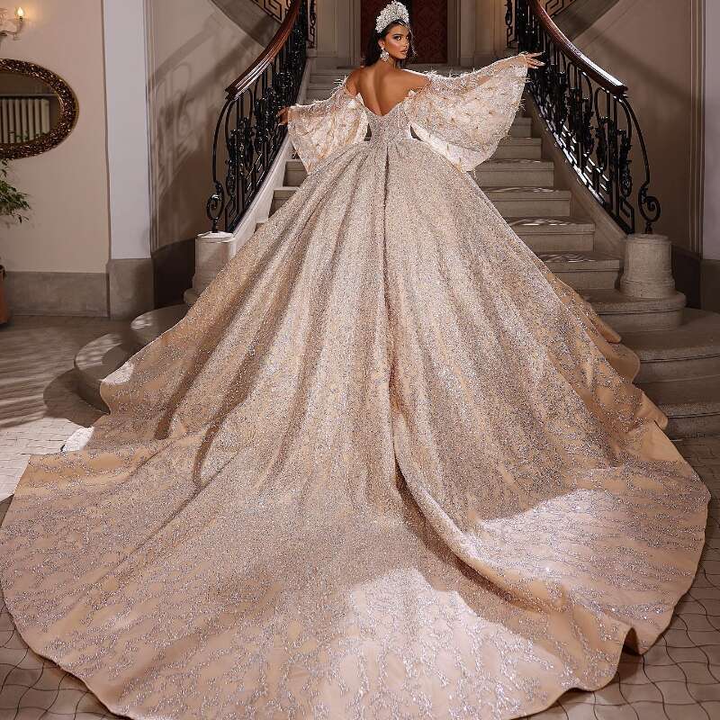 Charming Sweetheart Shiny Ball Gown Wedding Dress 2024 Romantic Off Shoulder Appliques Feather Beading Princess Bridal Go