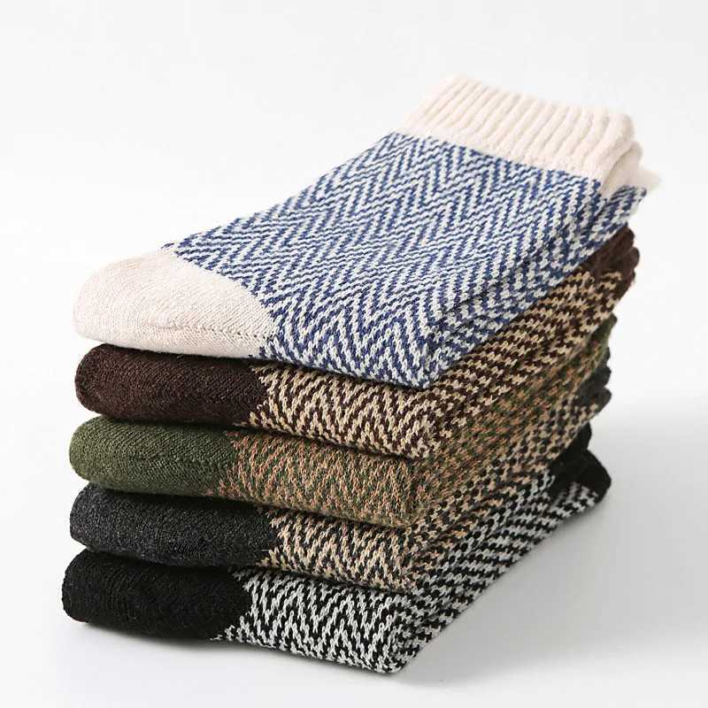 Men's Socks 5 Pairs/Lot Mens Thick Wool Socks Autumn And Winter High Quality Japanese Vintage Stripes Warm Comfortable Soft Socks EU 38-44 Y24083