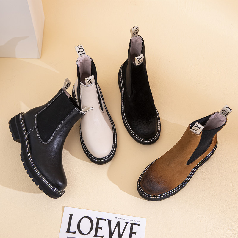 Women Chelsea Boots Genuine Leather 2024 Autumn Winter Trend Thick-soled Women Ankle Boots All-match Marton Boots Ladies