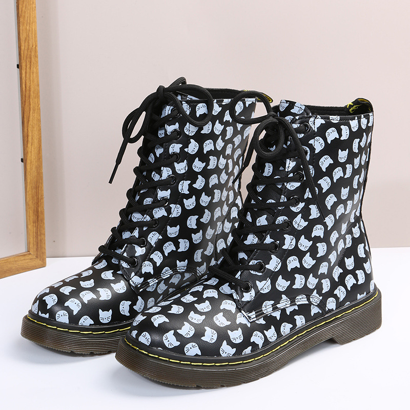 European and American flat bottom flower lace-up Martin boots for women large size printed high top leather boots Leather boots