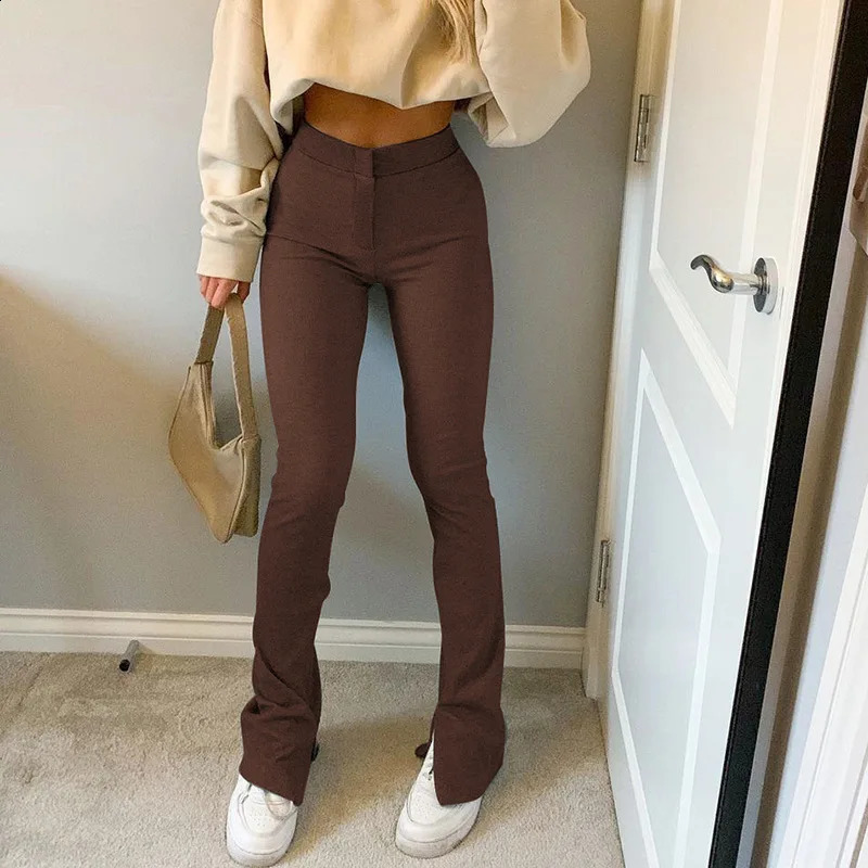 BOOFEENAA Street Style Split Sports Pants Womens High Waist Shining Y2k Solid Color Cotton Black Brown Running C84CG31 240827