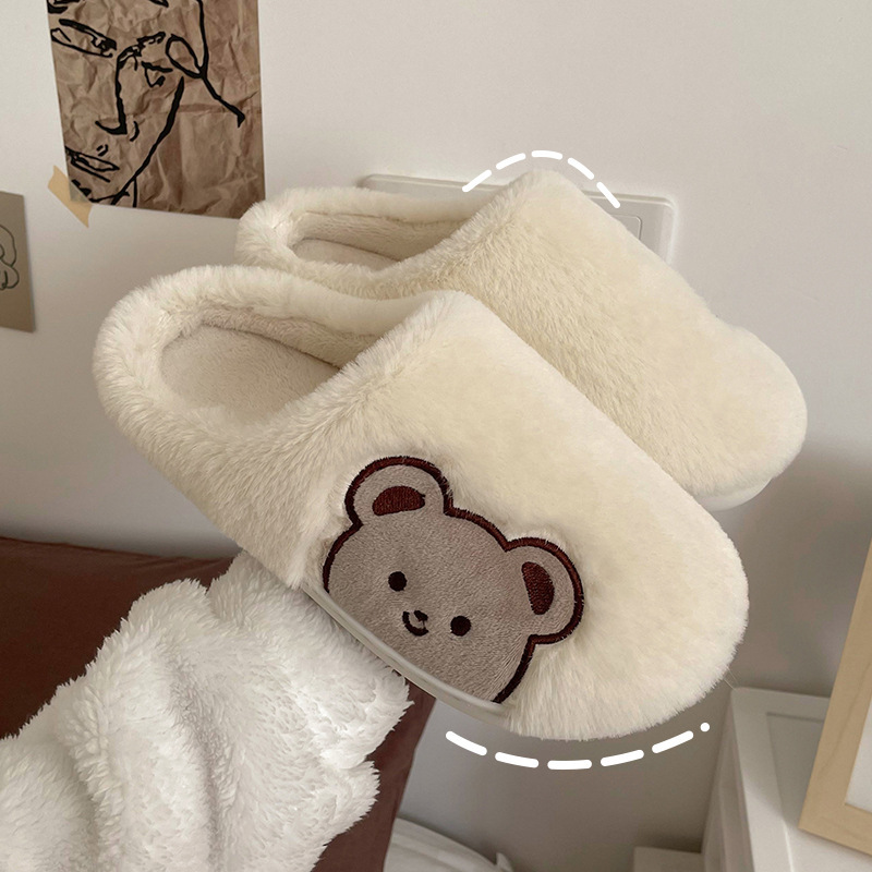 Comwarm Cute Animal Fur Slipper For Women Men Fashion Kawaii Fluffy Winter Warm Slippers Lovers Cartoon Teddy Bear House Shoes