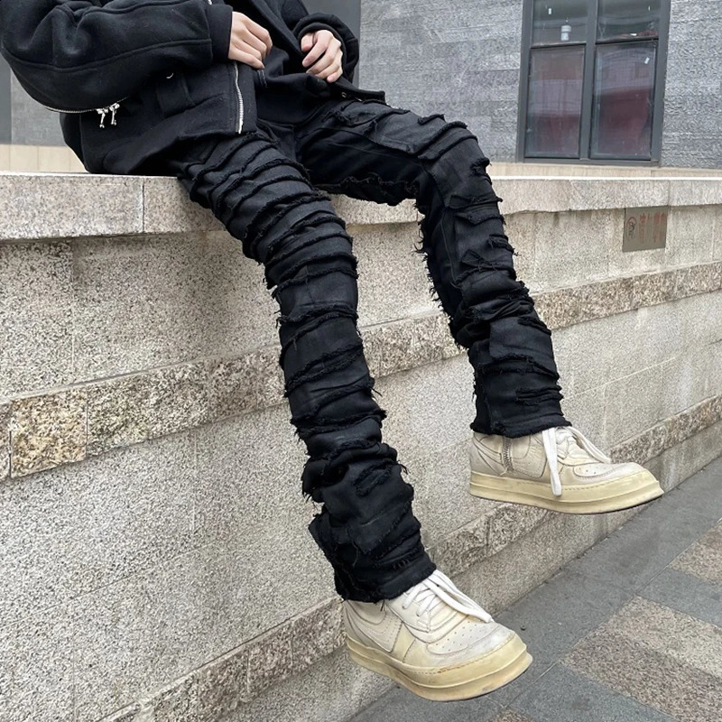 Heavy Industry Hole Frayed Destruction Waxed Jeans Mens High Street Retro Straight Ripped Pencil Pants Oversize Denim Trousers 240826Z
