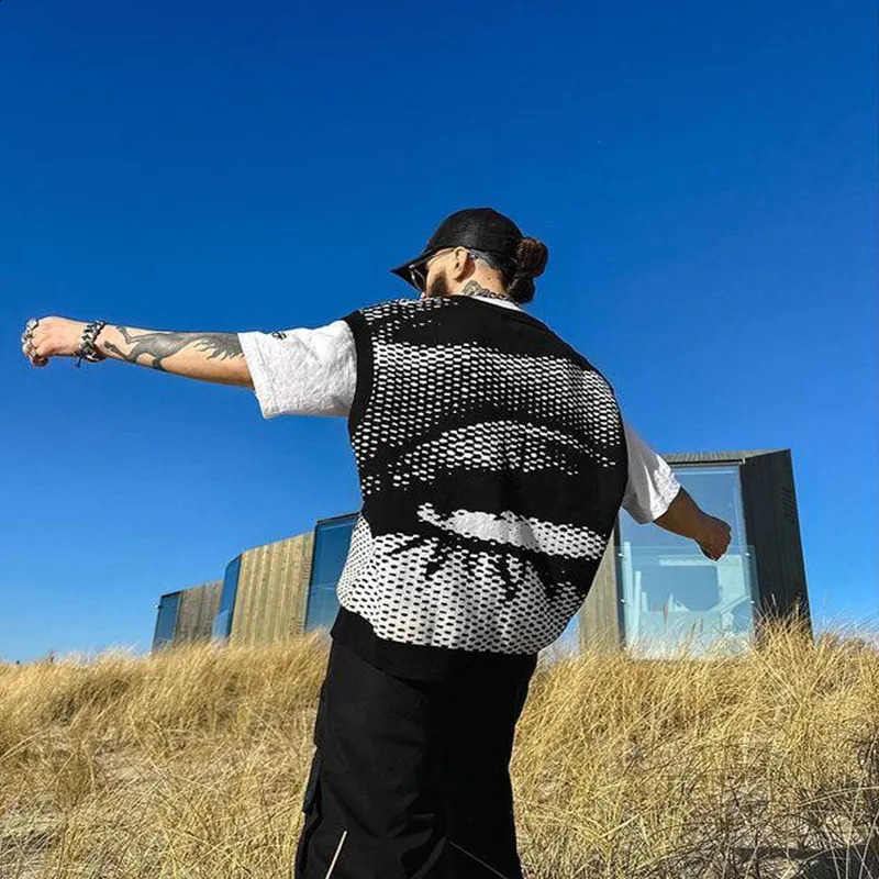 Fashion Knitted Vest Mens Winter V-neck Sleeveless Vest Gothic Jacquard High Quality Y2K Knitted Sweater Womens Clothing 240829