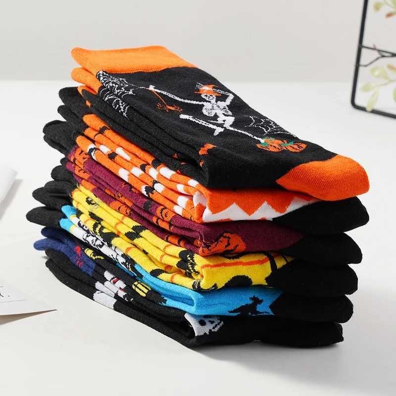 Men's Socks 5 Pairs/Lot Hallown Cotton Socks for Men and Women Skull Vampire Pumpkin Bat Head Funny Autumn and Winter Warm Fashion Socks Y240830S