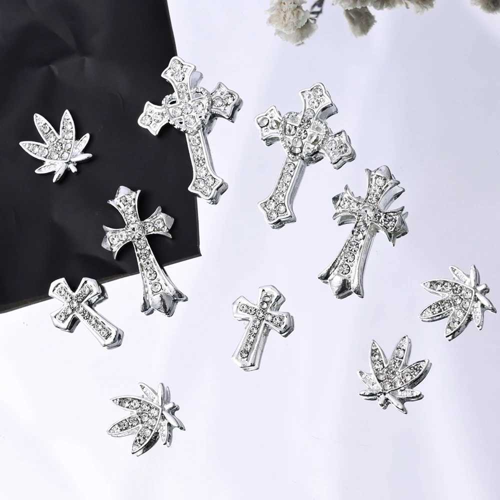 10 Luxury Silver Cross Nail Art Charm Jewelry Retro Alloy Rhinestone Flash 3D Nail Art DIY Punk Ergonomic Accessories W240829