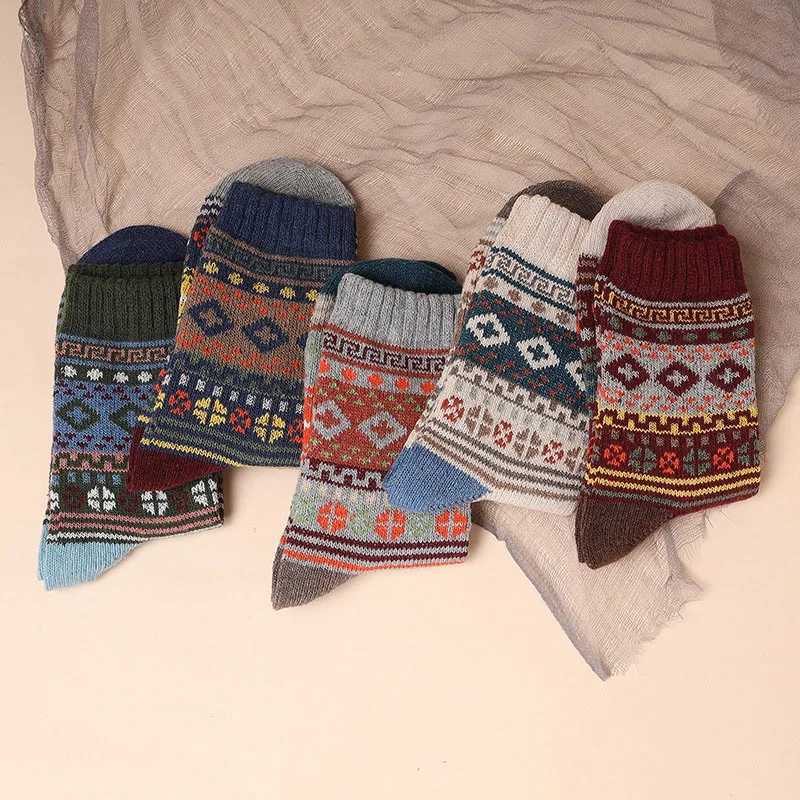 Men's Socks 5 Pairs/Lot Mens Thick Wool Socks Autumn And Winter High Quality Japanese Vintage Stripes Warm Comfortable Soft Socks EU 38-44 Y24083