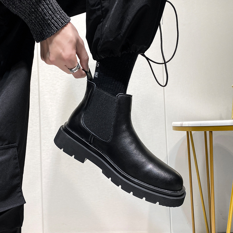 Chelsea Boots Winter 2021 Platform Boots Men Split Leather Ankle Boots Black Male Autumn New Fashion Shoes Chunky Booties689