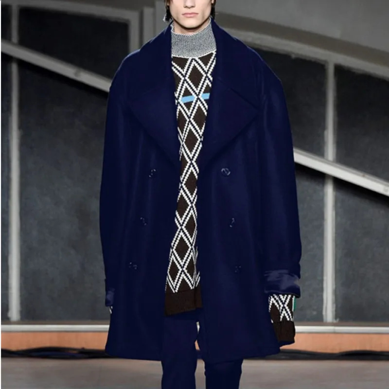 Mens wool coat double-layer loose medium length large size thick solid color casual wool coat 240829