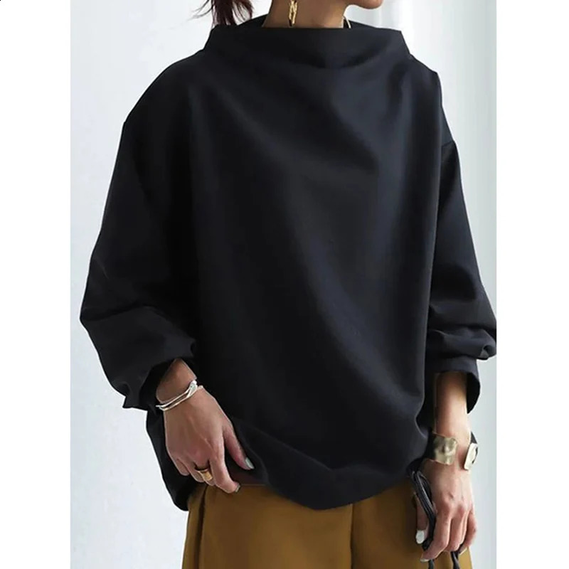 Jennifer black solid color loose long sleeved high neck sweater suitable for casual and simple occasions when going out 240827