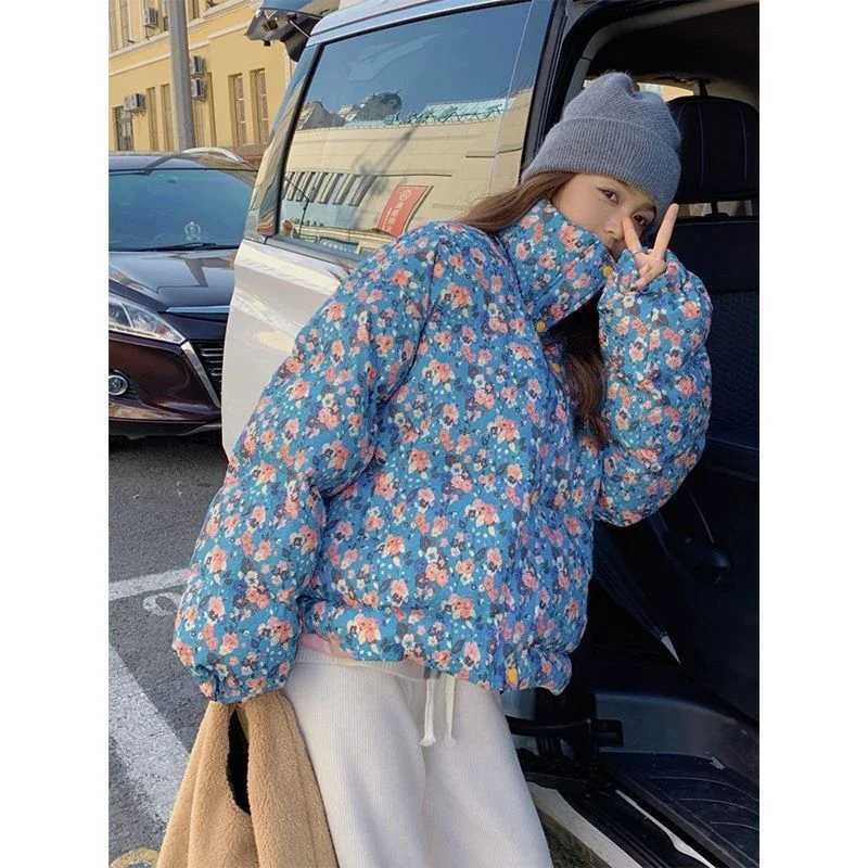 Women's Down Parkas Womens tailored floral bedding jacket floral print lightweight apron coat zipper style stand up collar warm jacket Y240824EVT