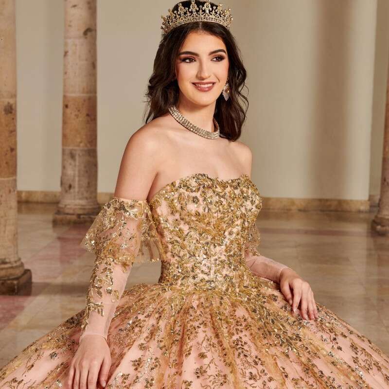 Shiny Pink Ball Gown Quinceanera Dress Tulle Gold Appliques Wers Bow Off Shoulder Sweet Years Birthday Party Formal